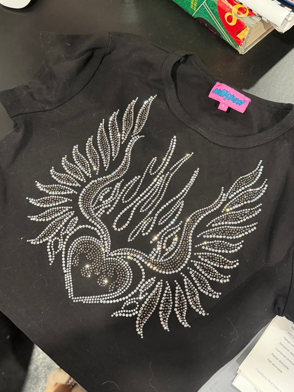 Edikted Black Rhinestone Winged Heart Crop Top